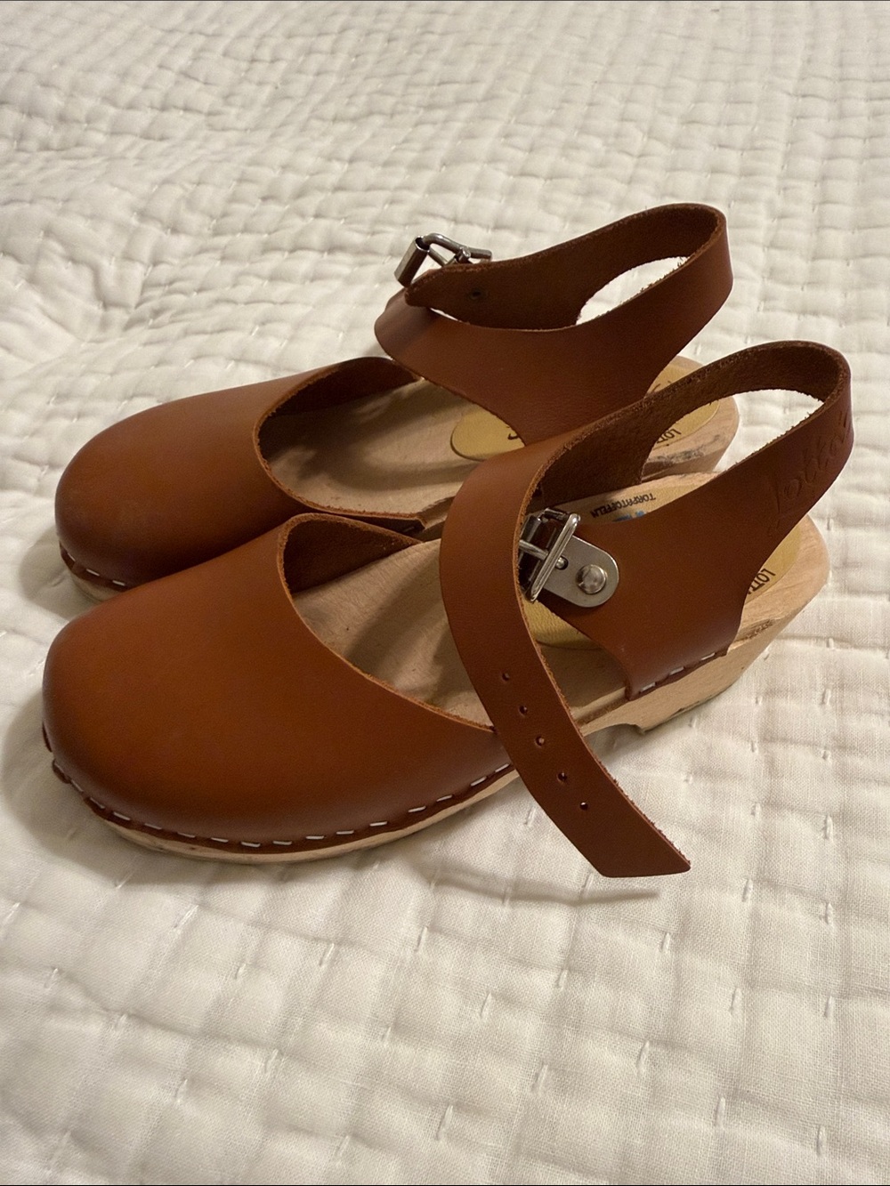 Swedish Hasbeens Chestnut Brown Leather Ankle-Strap Clogs